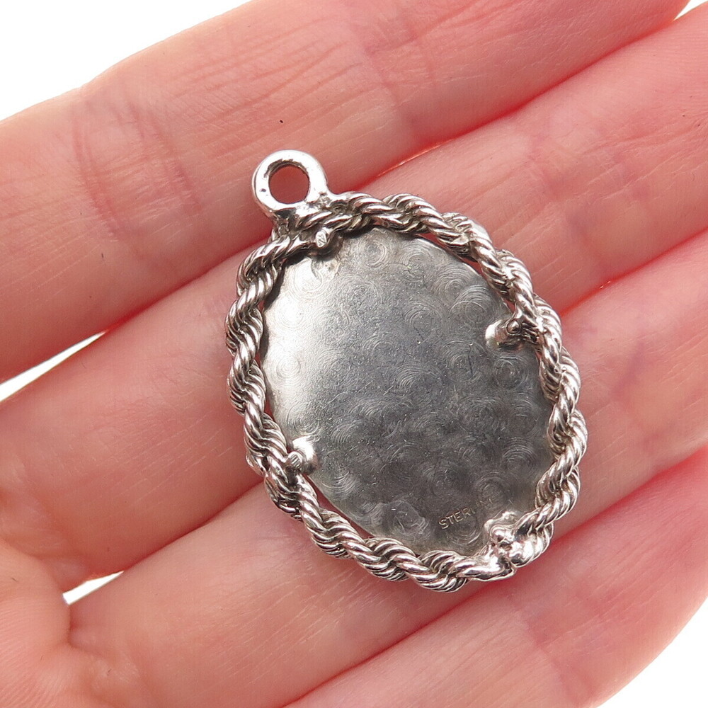 925 Sterling Silver Vintage Oval Tag Twisted Rope Oxidized Charm Pendant